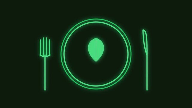 Glowing neon green plate with fork knife and leaf icon animation for vegan healthy diet concept