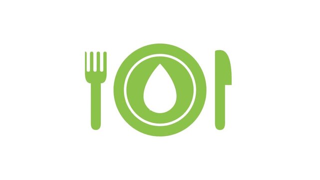 Flat vector illustration of green fork plate and knife with water drop symbol on white background