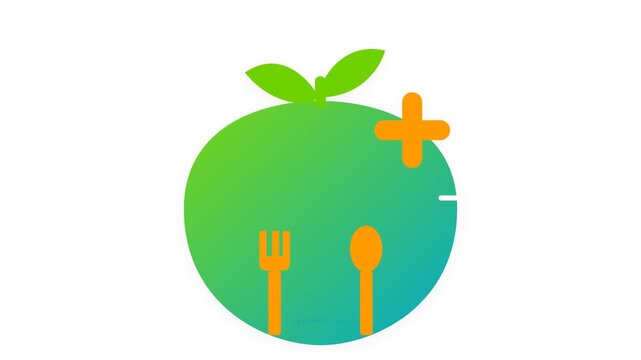 Animated flat vector icon featuring a fruit with heartbeat pulse plus sign and cutlery for healthy nutrition