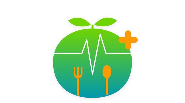 Animated green fruit icon pulsing with a heart rate line and cutlery on a white background