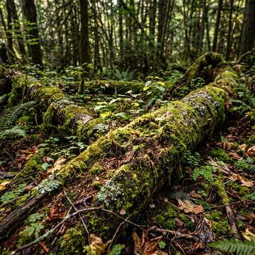 Mossy fallen trees on forest floor, decaying logs in ancient woodland, lush green temperate rainforest ecosystem