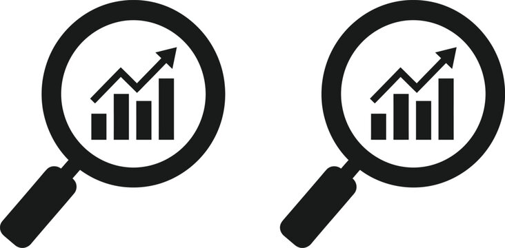 Two black magnifying glass icons featuring a rising bar chart graph inside representing business growth analysis and financial data research on white background