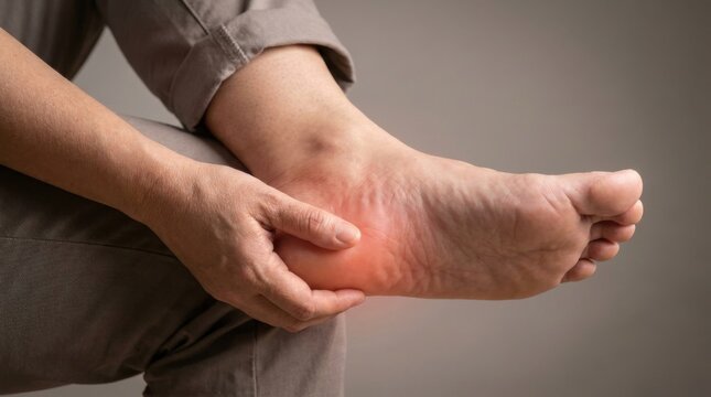 Person suffering from severe heel pain and plantar fasciitis touching sore foot with glowing red spot inflammation