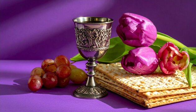 Passover Seder Still Life with Kiddush Cup, Matzah, Grapes, and Tulips