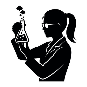 &nbsp;Solid black vector silhouette of a female scientist holding a flask.