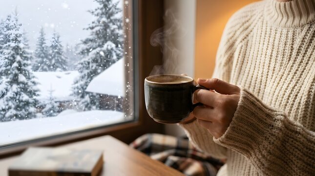 Person holding a hot cup near window with winter view, cozy indoor moment.