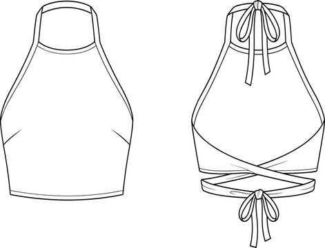 Flat sketch technical drawing of a stylish halter neck crop top front and back view