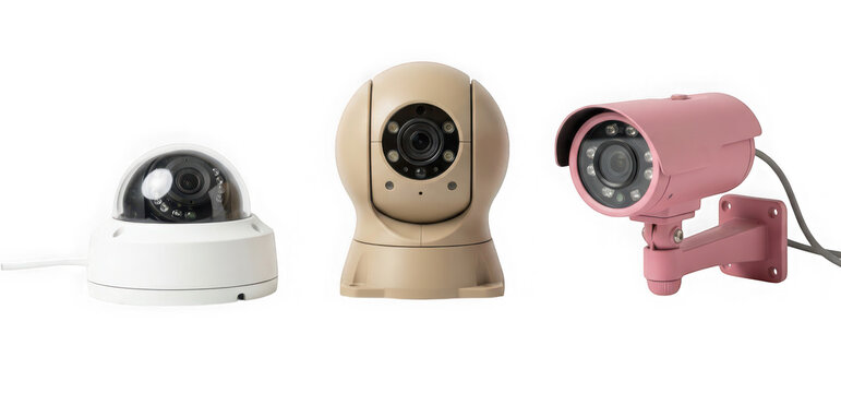 Three different types of security cameras isolated on transparent background