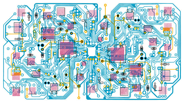 Abstract Circuit Board Design, Futuristic Technology Blueprint, Digital Network Connections, Blue and Pink Electronic Components