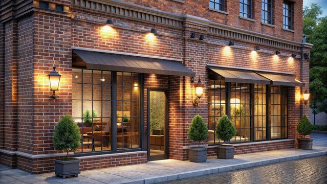 Brick building store front with lights