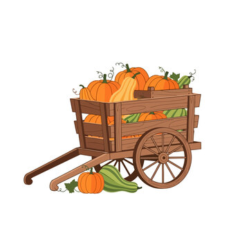 Rustic wooden cart filled with fresh orange pumpkins and autumn harvest vegetables. EPS Editable. Vector Illustrations.