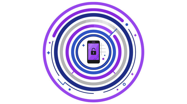 Smartphone security concept with digital lock icon and abstract circular patterns. EPS Editable. Vector Illustrations.