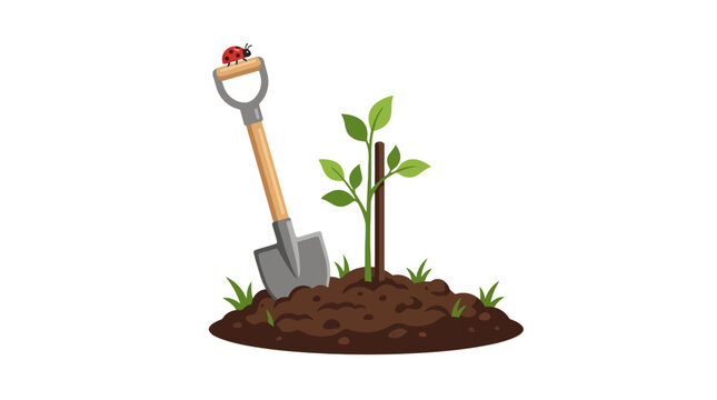 Small green plant seedling with shovel and ladybug in soil. EPS Editable. Vector Illustrations.