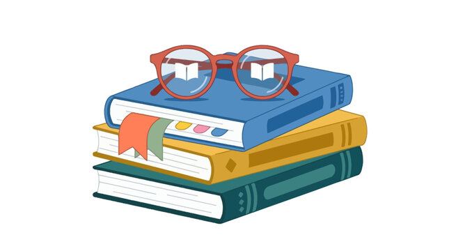 Stack of colorful books with reading glasses on top. EPS Editable. Vector Illustrations.