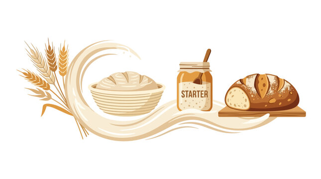Sourdough bread baking process with wheat stalks and starter jar illustration. EPS Editable. Vector Illustrations.