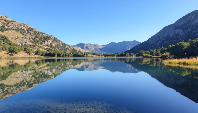 Breathtaking mountain landscape with a calm crystal clear lake reflecting majestic peaks under a brilliant blue sky