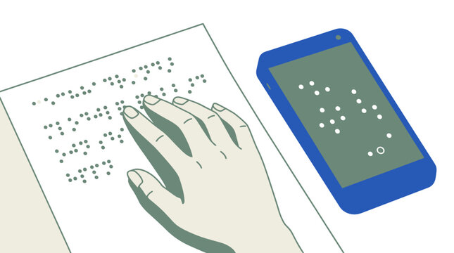 Person reading braille document with smartphone assistance. EPS Editable. Vector Illustrations.