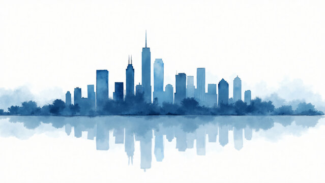 Soft blue watercolor reflection of Houston skyline on white background with gentle brush strokes and balanced composition