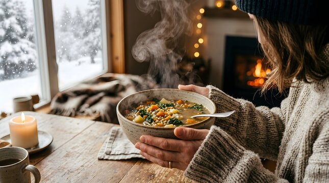 Warm meal served in cozy winter setting with steam rising, comfort food concept.