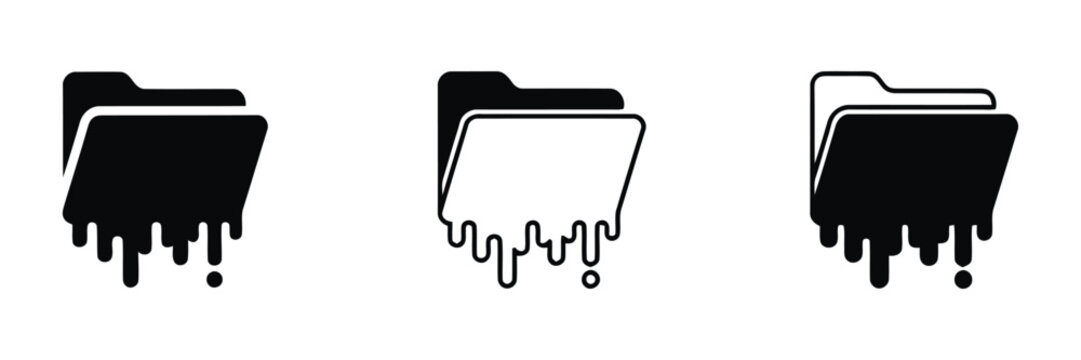 folder icons melting effect isolated on white background file system corruption concept. Melting folder icon set with liquid paint drip effect, creative data leak, corrupted fileand memory overload ve