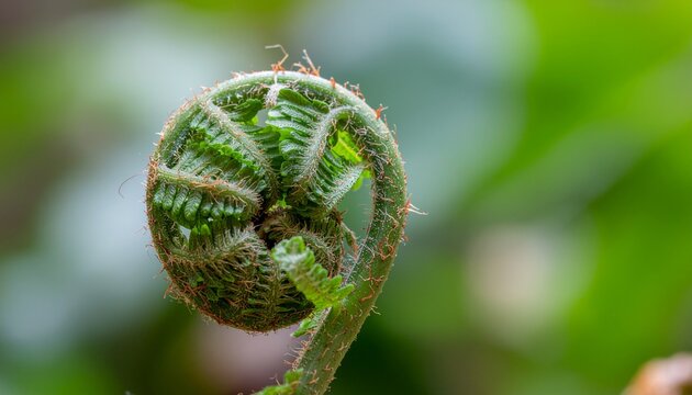 Intricate spiral of a young fern frond, a vibrant green fiddlehead slowly unfurling in its natural habitat, showcasing the beauty of new botanical life