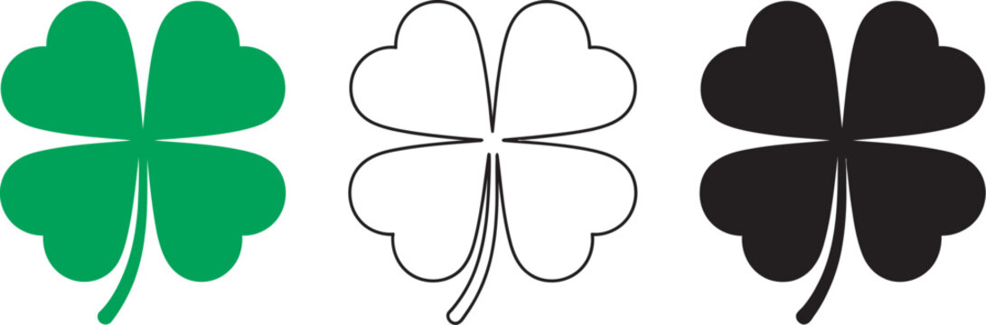 Four leaf clover icon set featuring lucky shamrock symbols, solid green graphics, black silhouettes, line art versions, decorative charm elements, seasonal celebration themes and editable vector 