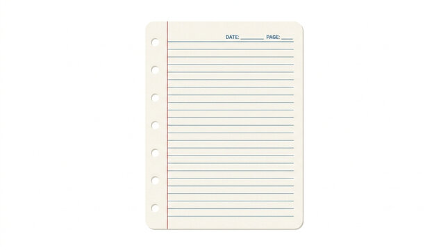 A single lined notebook page with punched holes on the left side, isolated against a clean, plain white background with a subtle shadow effect