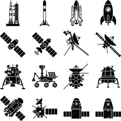 Spacecraft And Rocket Icons Black Vector Illustration On White Background © Rafiqul