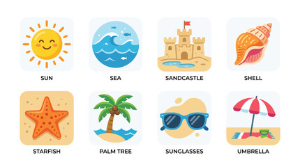 Fototapeta premium Colorful summer vacation icons set