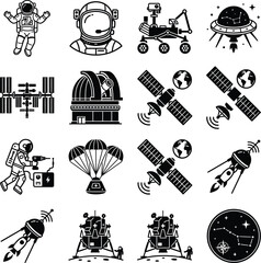 Space Exploration Icons Grid Black And White Vector Illustration © Rafiqul