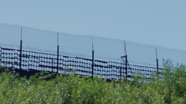 Close up tracking shot shows design of high metal border security fence with circular patterns and barbed wire on top of hill behind green foliage in Latvia.