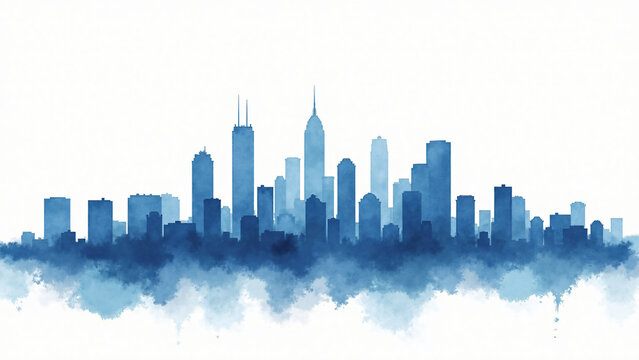 Blue watercolor wash of Houston skyline on white background with soft textures and natural lighting