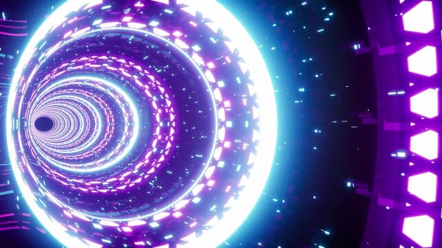 A futuristic neon light dimension tunnel expanding in a seamless loop for stage and VJ backgrounds.