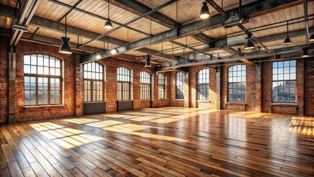Industrial space exposed brick texture wooden floorboards rustic