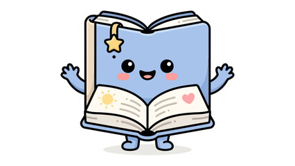 Cute Book Character: A charming animated book character with big eyes and a cheerful smile opens its pages, revealing whimsical illustrations of a sun and a heart.