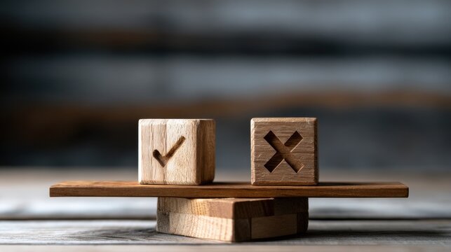 Wooden blocks with check and cross symbols balancing on scale. Choice and decision making concept.
