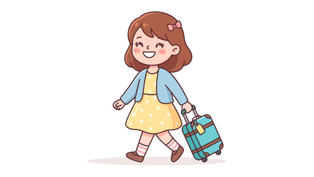 Happy Girl with Suitcase, Ready for Adventure: A smiling young girl with a cheerful expression walks with her blue suitcase, eager to embark on a journey or vacation.