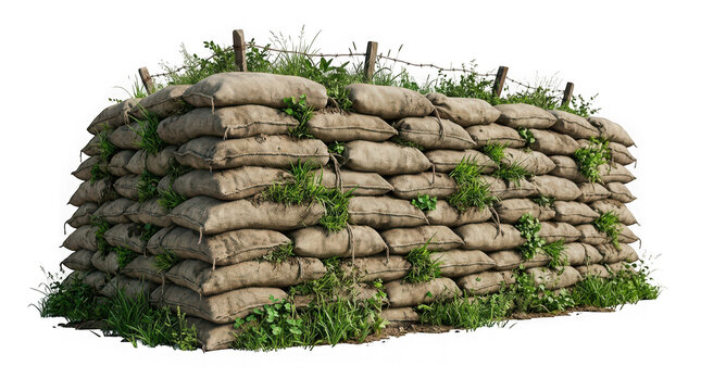 Fortification wall made of stacked sandbags with barbed wire, isolated on transparent background