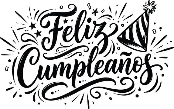 Black and white hand lettered happy birthday greeting card design in spanish