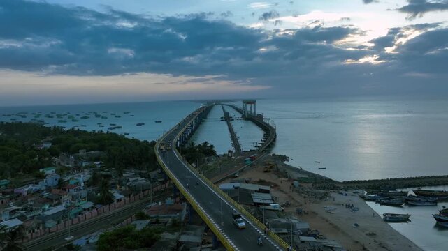 Aerial View of Pamban Bridge and Railway Bridge in Rameswaram Tamil Nadu India
