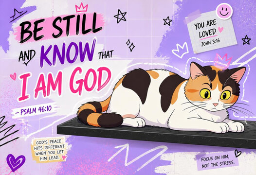 Peaceful Resting Cat with Psalm 46 10 Christian Wall Art
