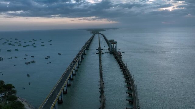 Aerial View of Pamban Bridge and Railway Bridge in Rameswaram Tamil Nadu India