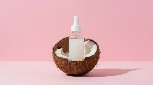 Organic coconut oil serum in glass dropper bottle inside coconut shell