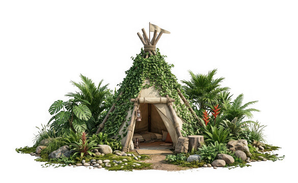 Cozy teepee tent decorated with ivy plants and tropical foliage isolated on transparent background
