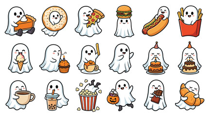 Obraz premium Cute cartoon ghost character food set icons with character halloween fastfood