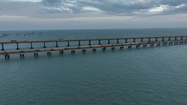 Aerial View of Train Crossing Pamban Railway Bridge in Rameswaram Tamil Nadu India