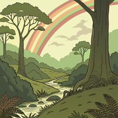 Obraz premium Rainbow arcs over a serene forest stream surrounded by tall trees and lush greenery with greenery environment landscape peaceful tranquil relaxing hideaway secluded isolated stillness