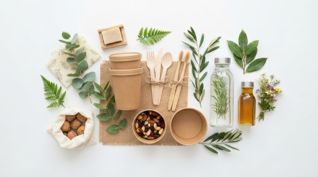 Ecofriendly zero waste lifestyle items with natural food and plants isolated on white background