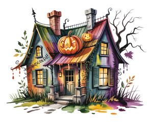 Naklejka premium Watercolor Spooky Haunted House Illustration, Halloween Cottage Decor Clipart, Isolated on White Background