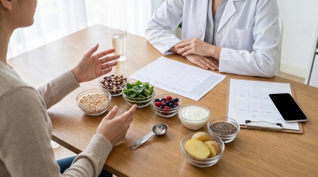 Personalized Gut Nutrition concept. Nutritionist consulting a patient with healthy food and diet plan on table